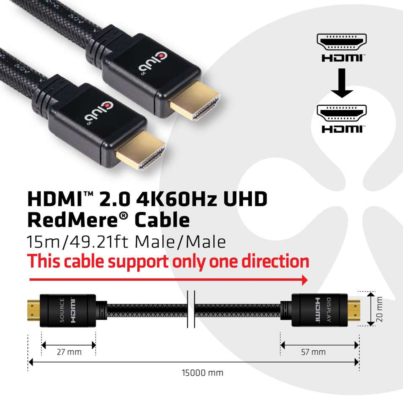 Club3D HDMI-Kabel A -> A 2.0 RedMere    4K60Hz  UHD 15 Meter retail